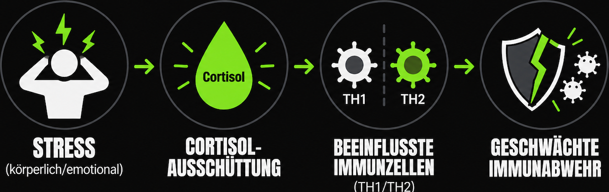 Grafik: Stress führt zur Cortisol-Ausschüttung, beeinflusst die Immunzellen TH1 und TH2 und schwächt die Immunabwehr